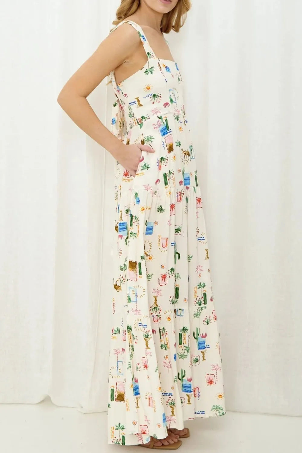 Printed Square Neck Wide Strap Maxi Dress by Shenori
