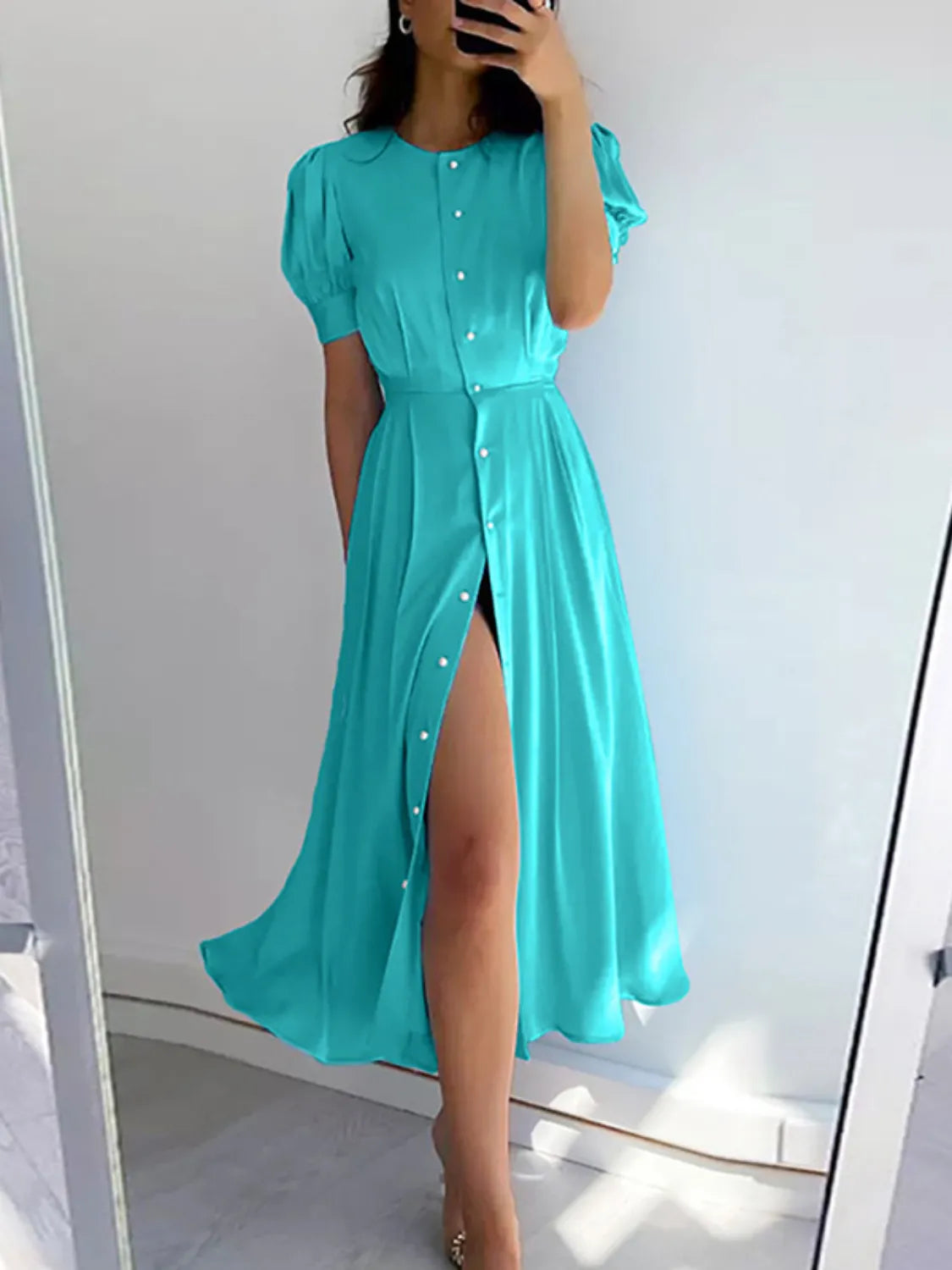 Button-Down Short Sleeve Dress in Hot Pink