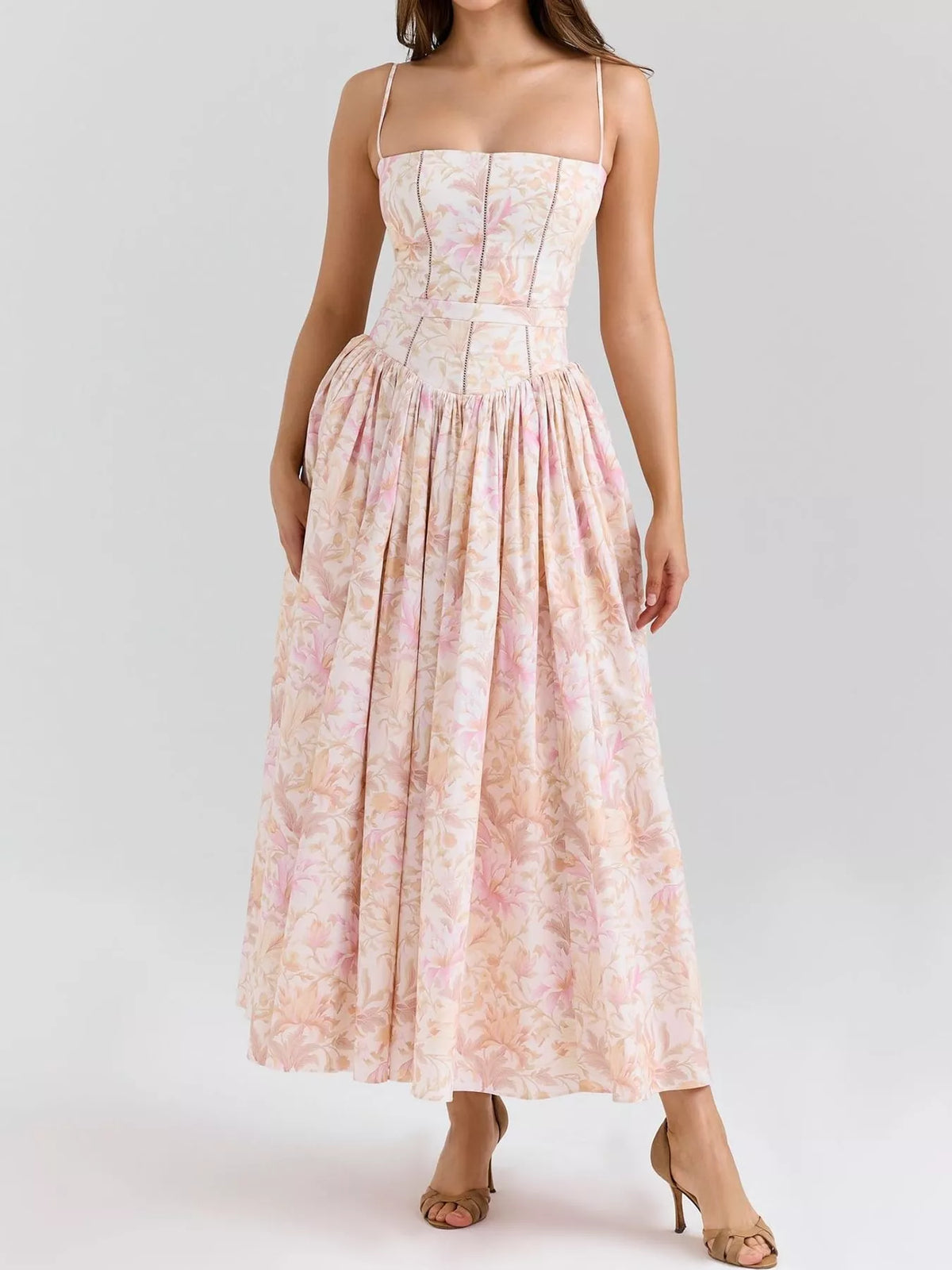 Floral Spaghetti Strap Midi Dress in White