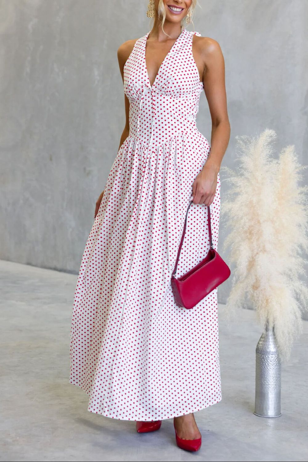 Backless Polka Dot Halter Maxi Dress