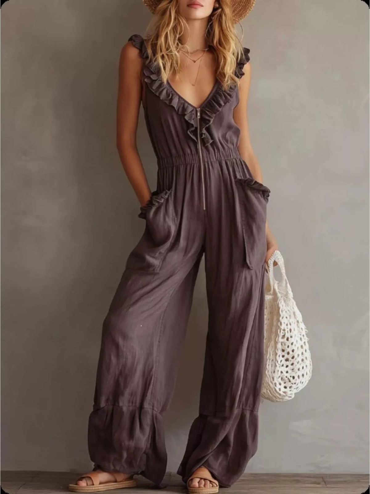 Ruffled V-Neck Jumpsuit with Pockets