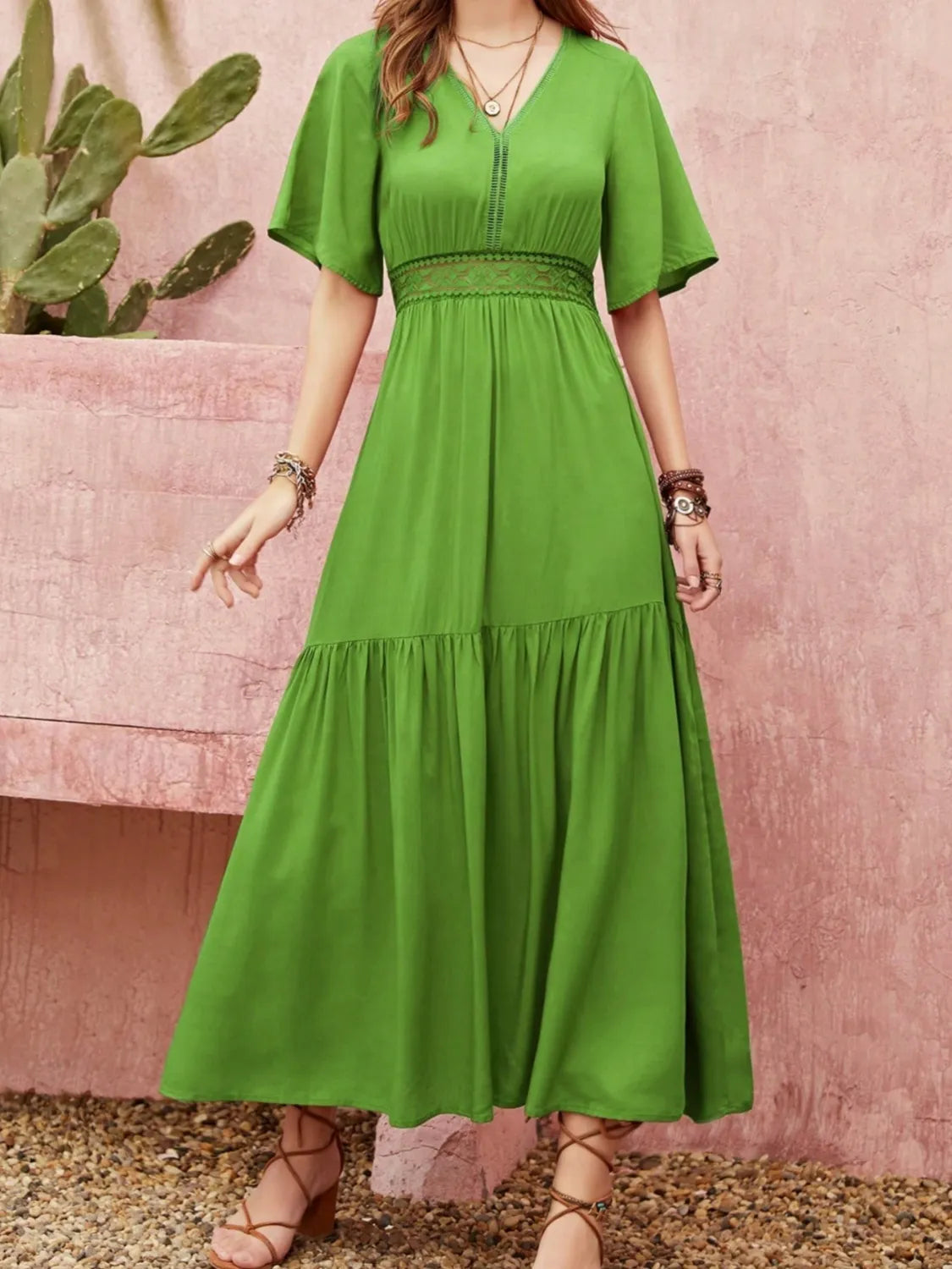 Lace Detail Tied V-Neck Dress in Green