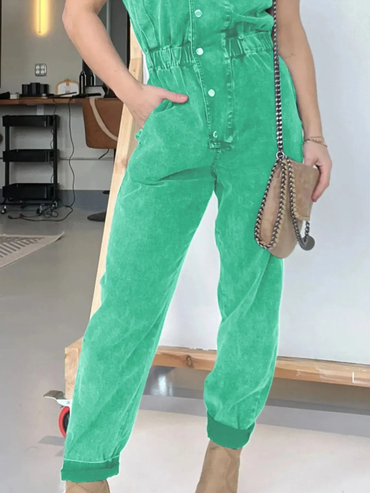 Button Front Cap Sleeve Denim Jumpsuit