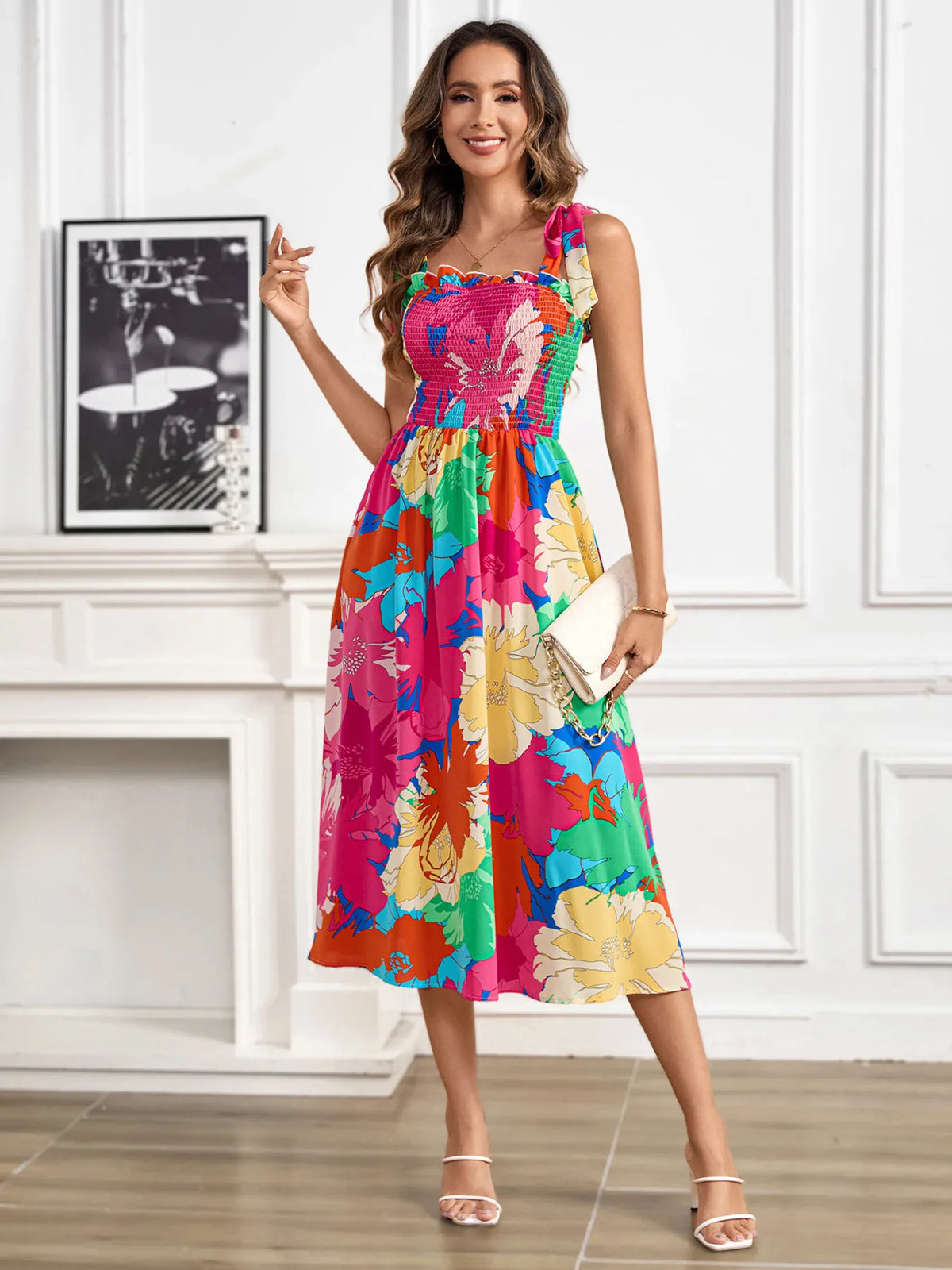 Smocked Tie-Shoulder Midi Dress in Hot Pink