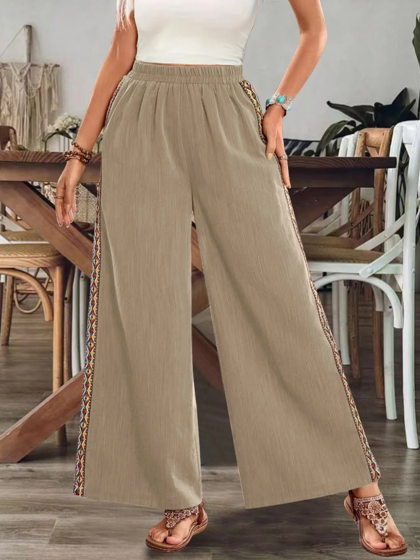Embroidered Side-Stripe Wide-Leg Pants