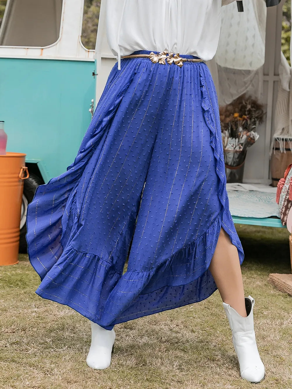 Swiss Dot Ruffled Wide Leg Pants in Royal Blue