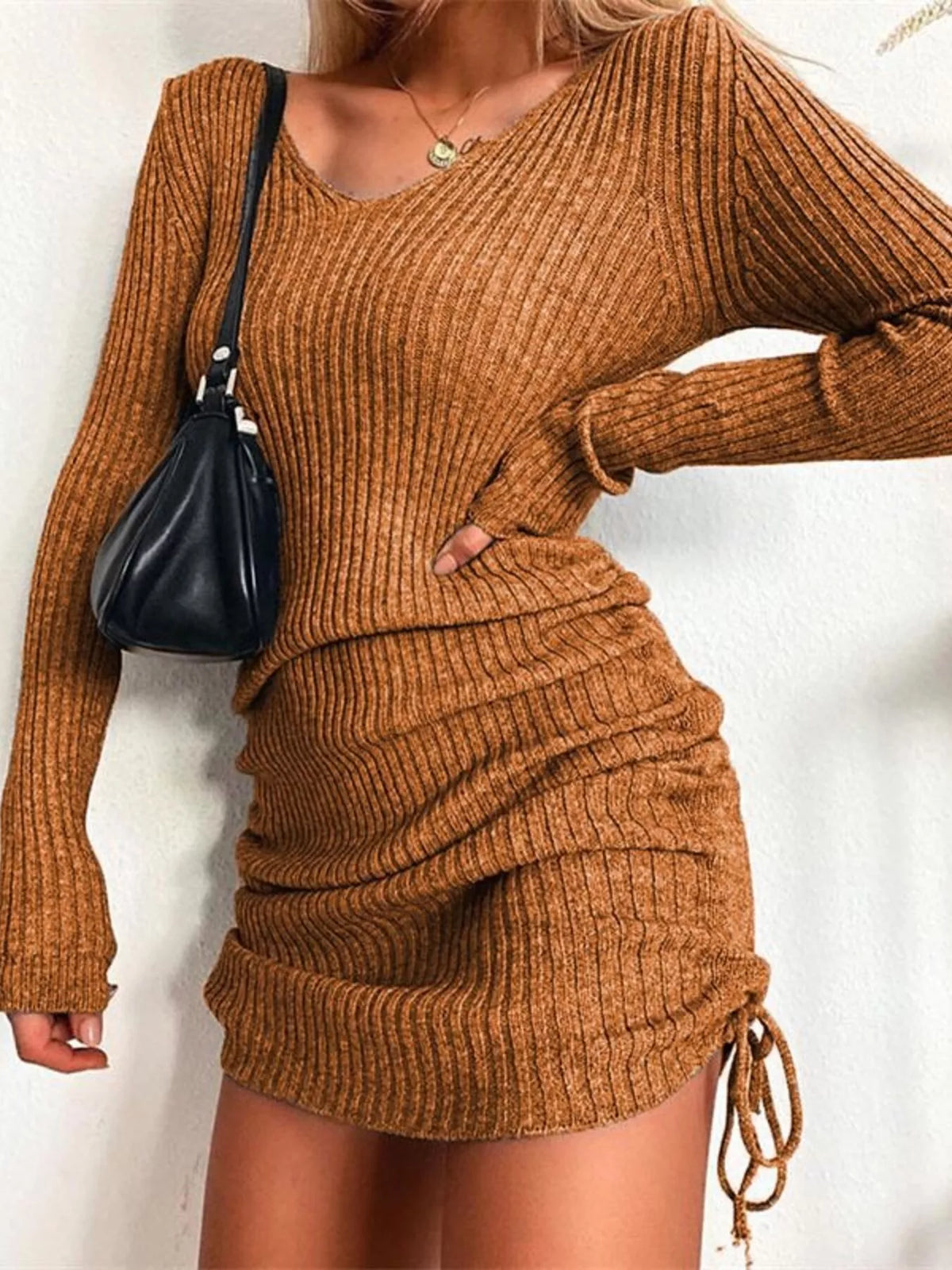 Ribbed Knit Drawstring Bodycon Sweater Dress