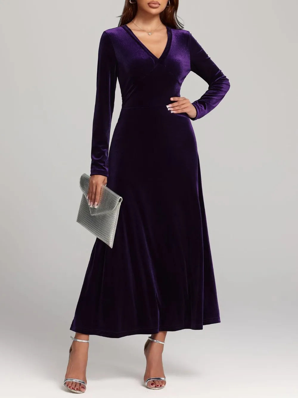Velvet V-Neck Dress in Violet