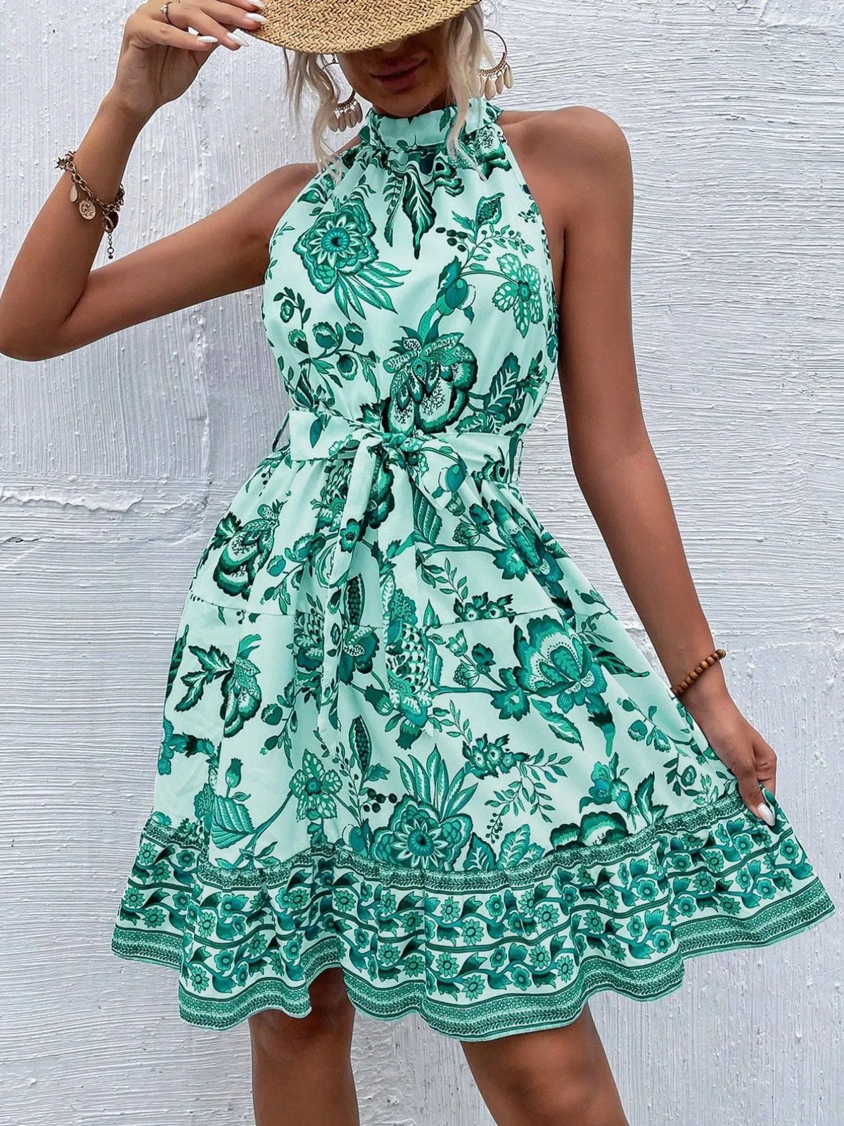 Floral Halter Neck Belted Summer Dress