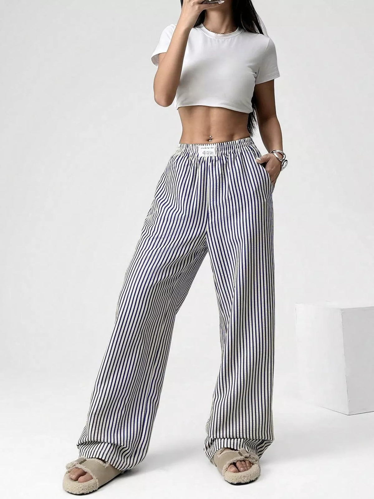 Striped High-Waisted Wide-Leg Pants
