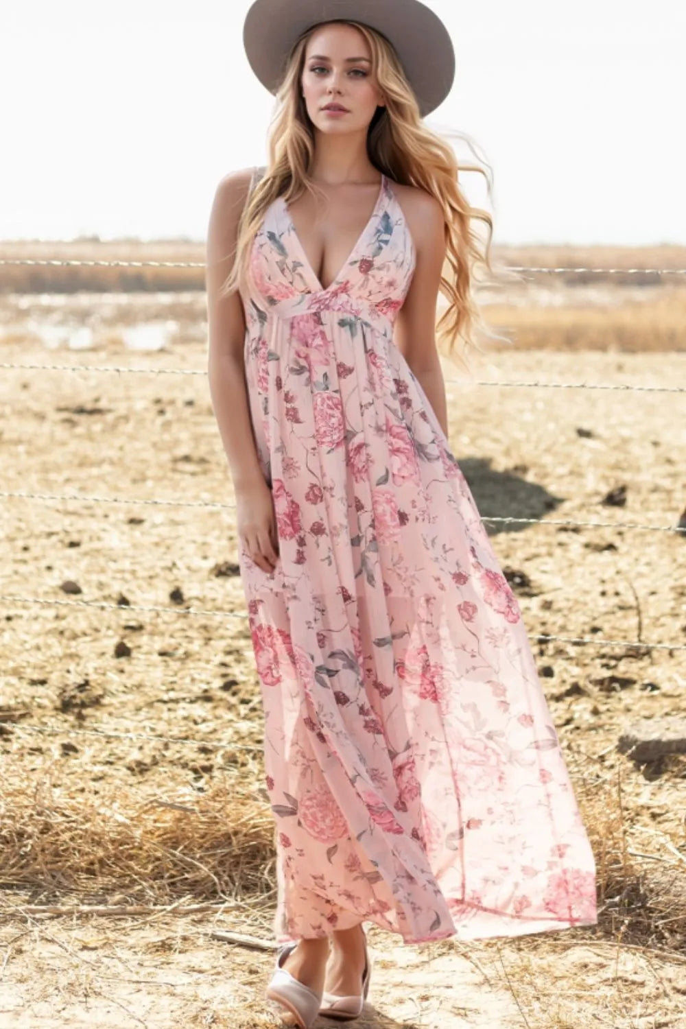 Floral Pleated Deep V Backless Maxi Dress in Blush Pink