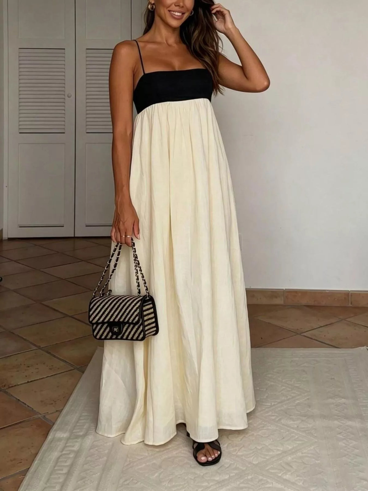 Sleeveless Two-Tone Maxi Dress in Beige