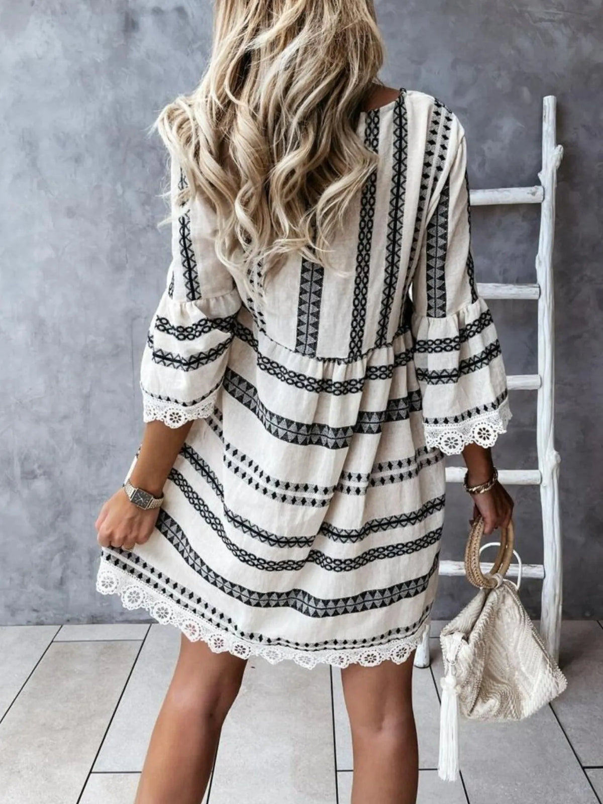 Striped V-Neck Lace Trim Babydoll Dress