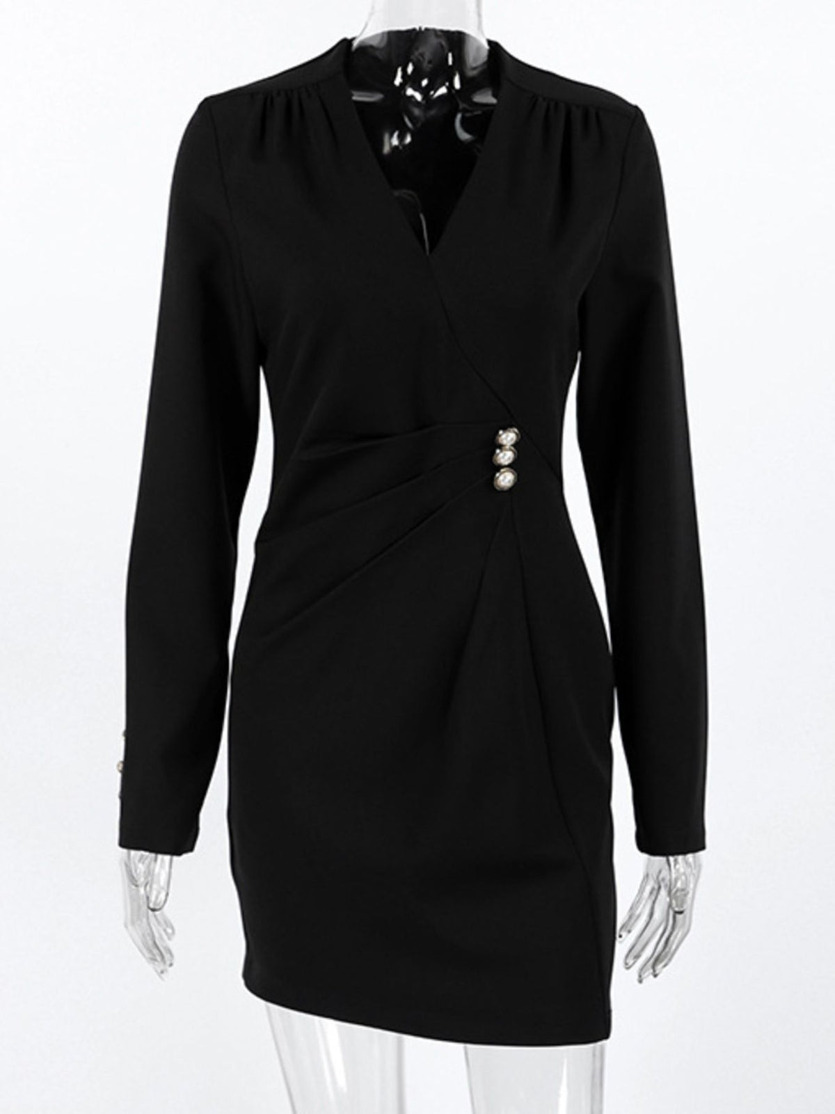 Ruched Surplice Long Sleeve Dress in Black