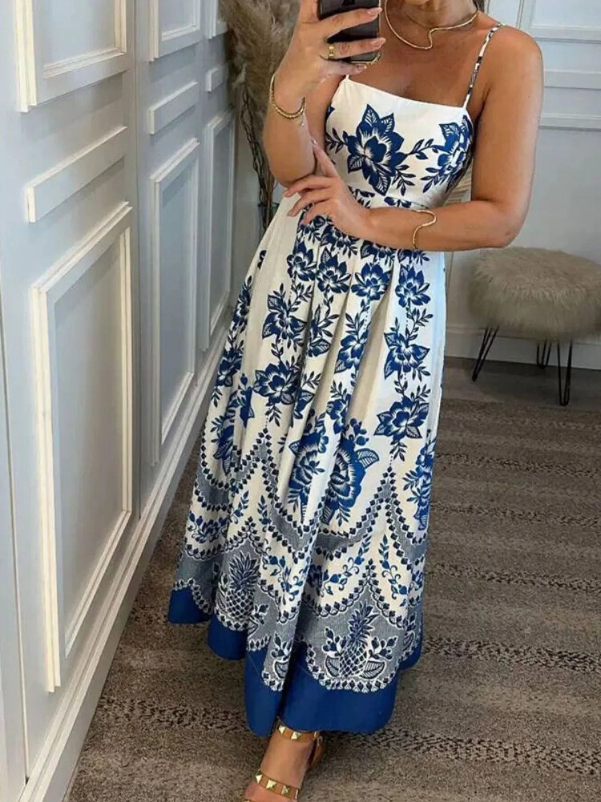 Printed Spaghetti Strap Maxi Dress in Blue