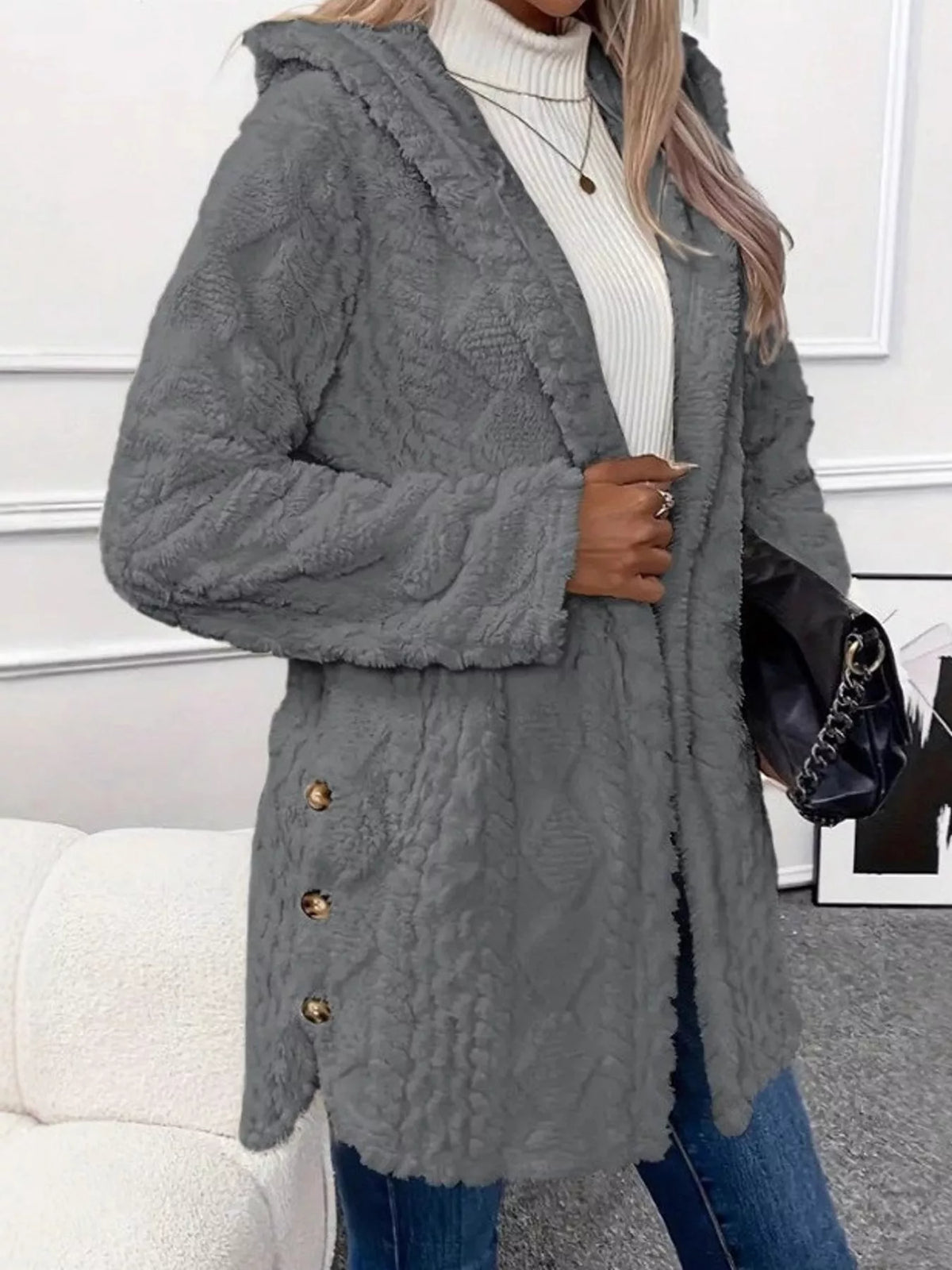 Cozy Cable-Knit Faux Fur Hooded Jacket