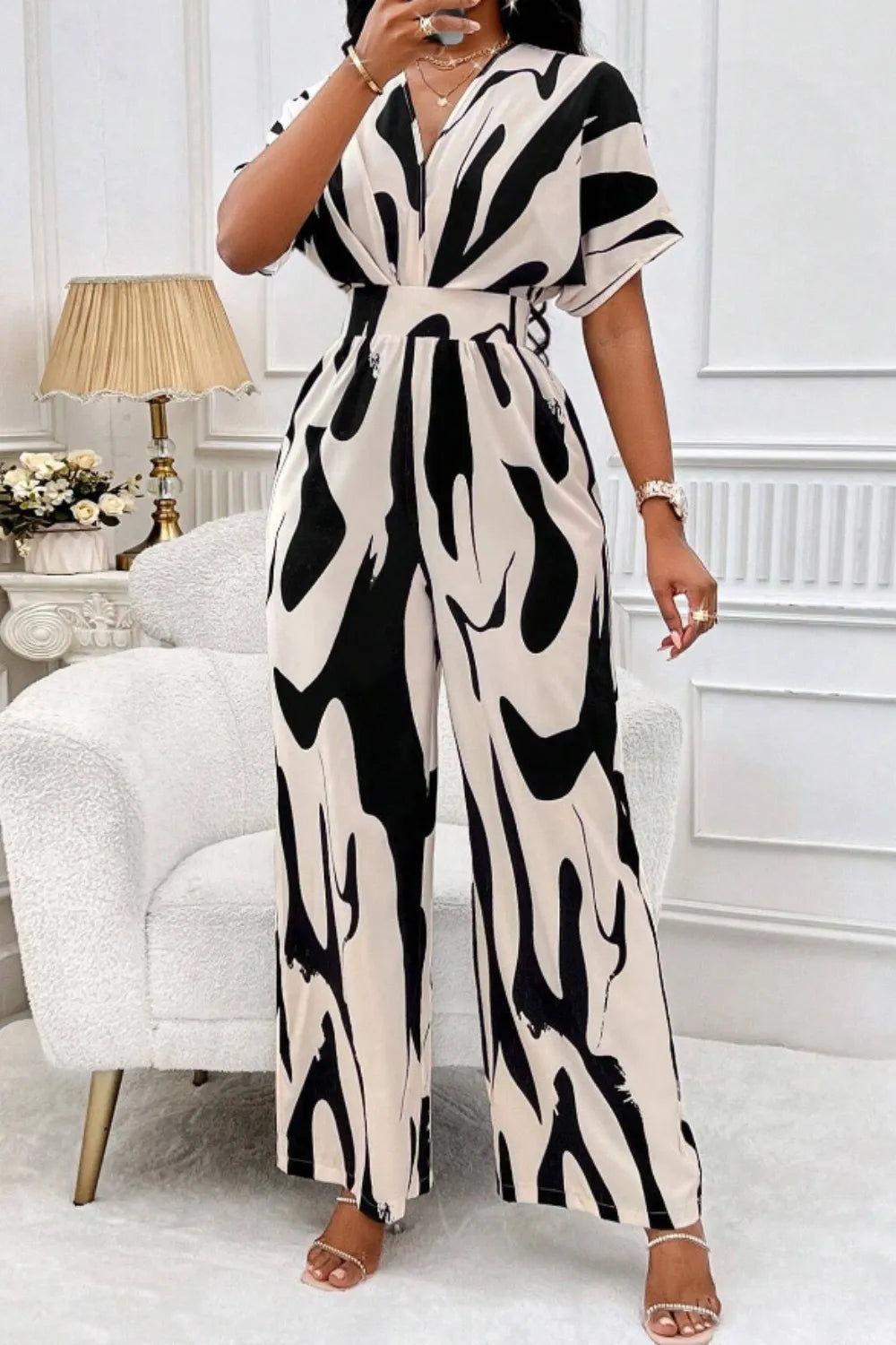 Printed V-Neck Wide Leg Jumpsuit