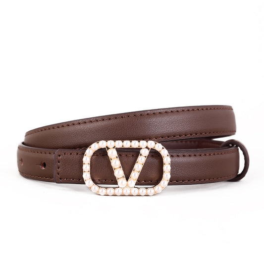 Ilussa Pearl Buckle Leather Belt — Coffee
