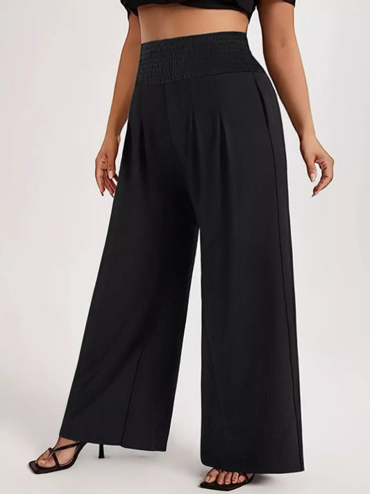 Plus Size High Waist Smocked Wide Leg Pants