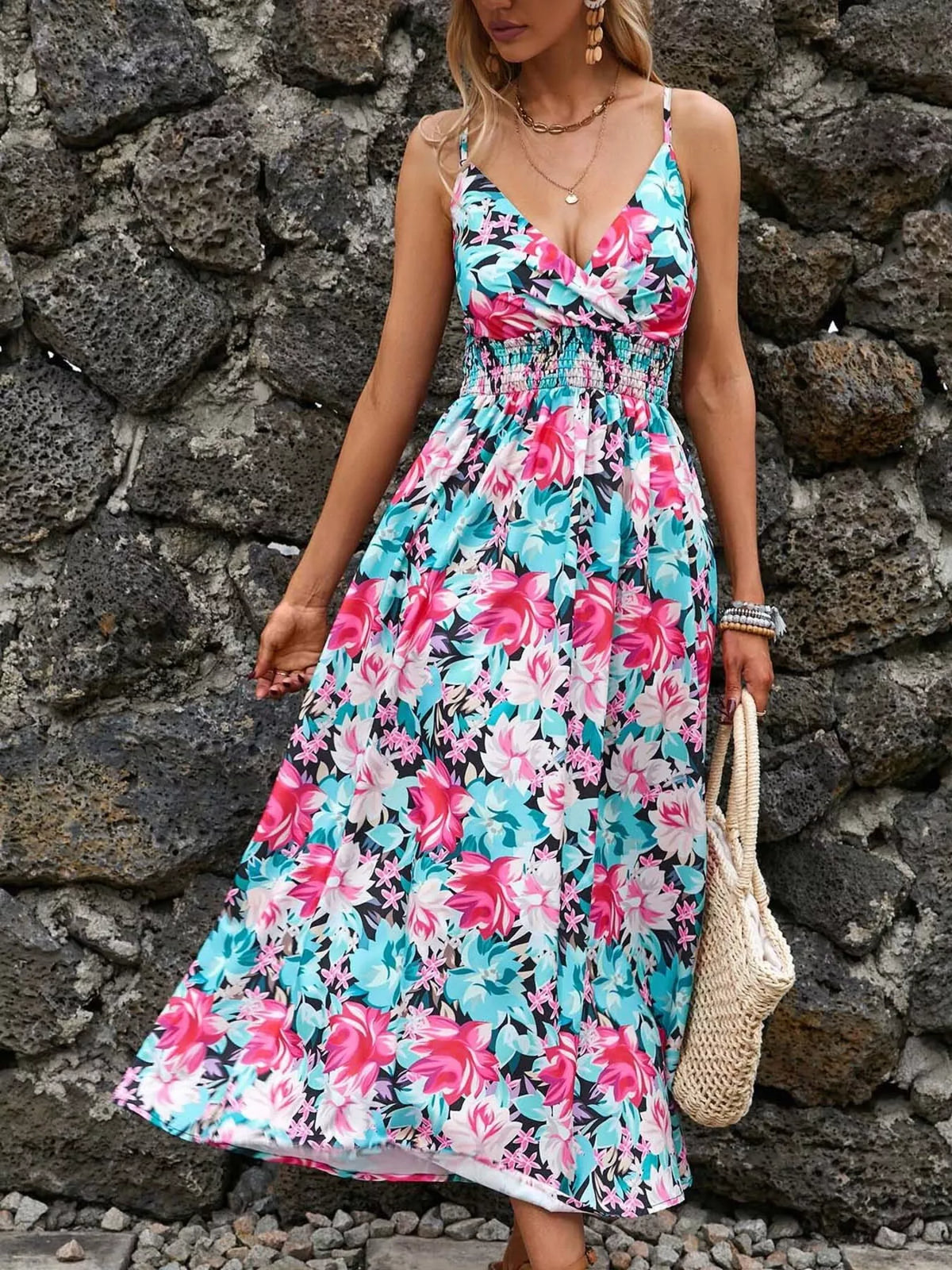 Smocked Paisley Midi Dress