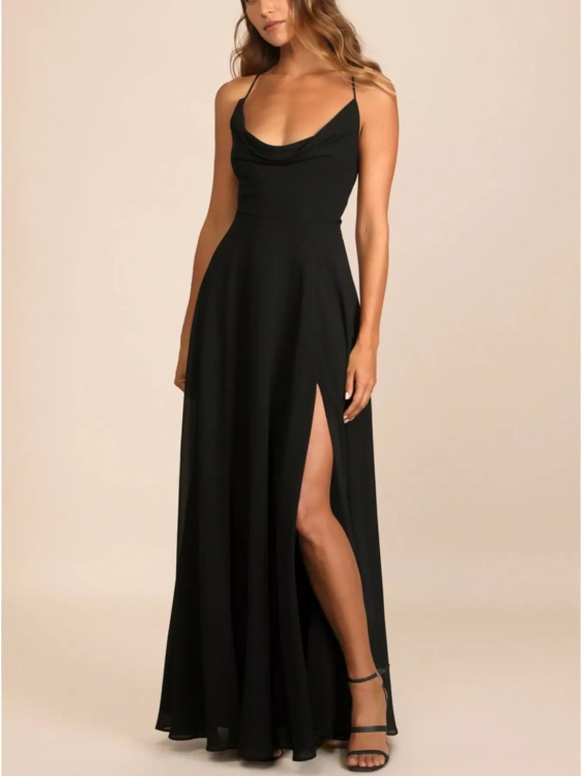 Backless Lace-Up Slit Cowl Neck Maxi Dress by Elegant Elements