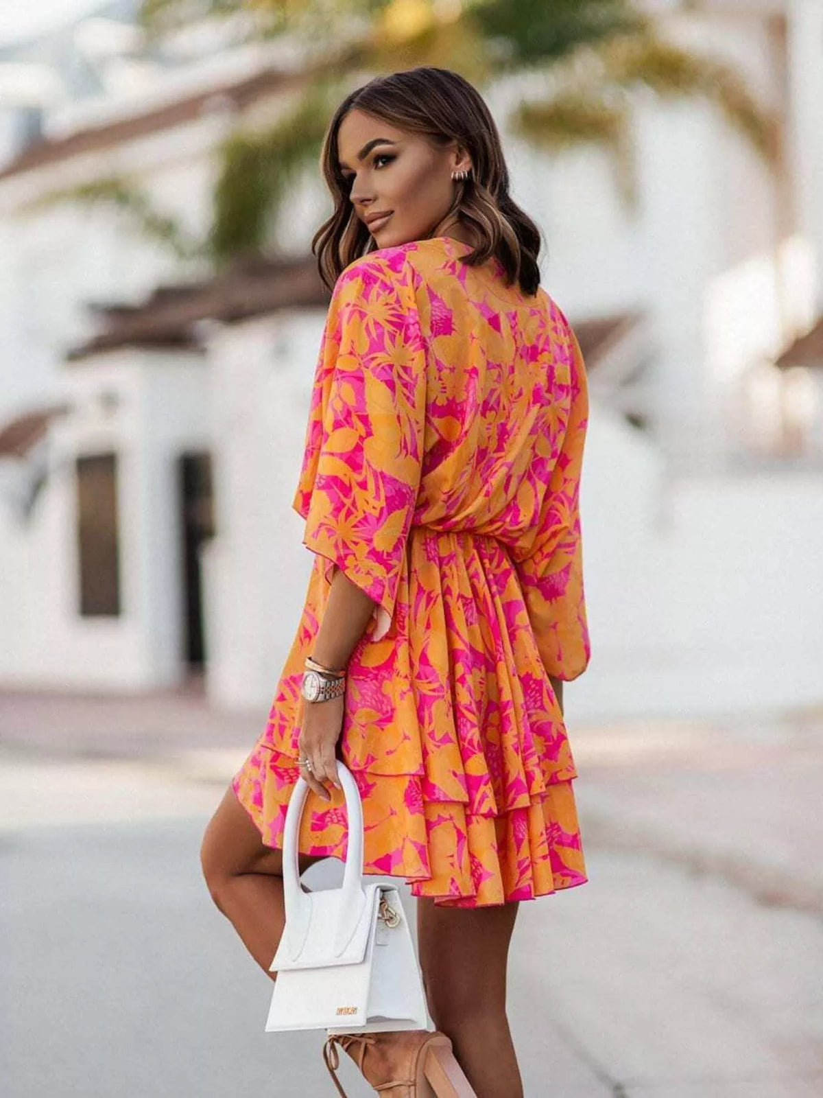 Tiered Surplice Mini Dress with Belt