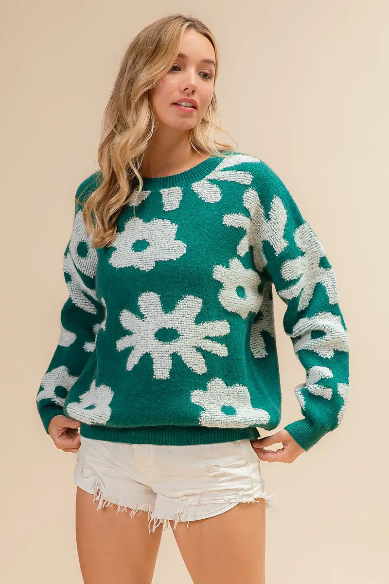 Flower Pattern Long Sleeve Sweater Top in Hunter by BiBi