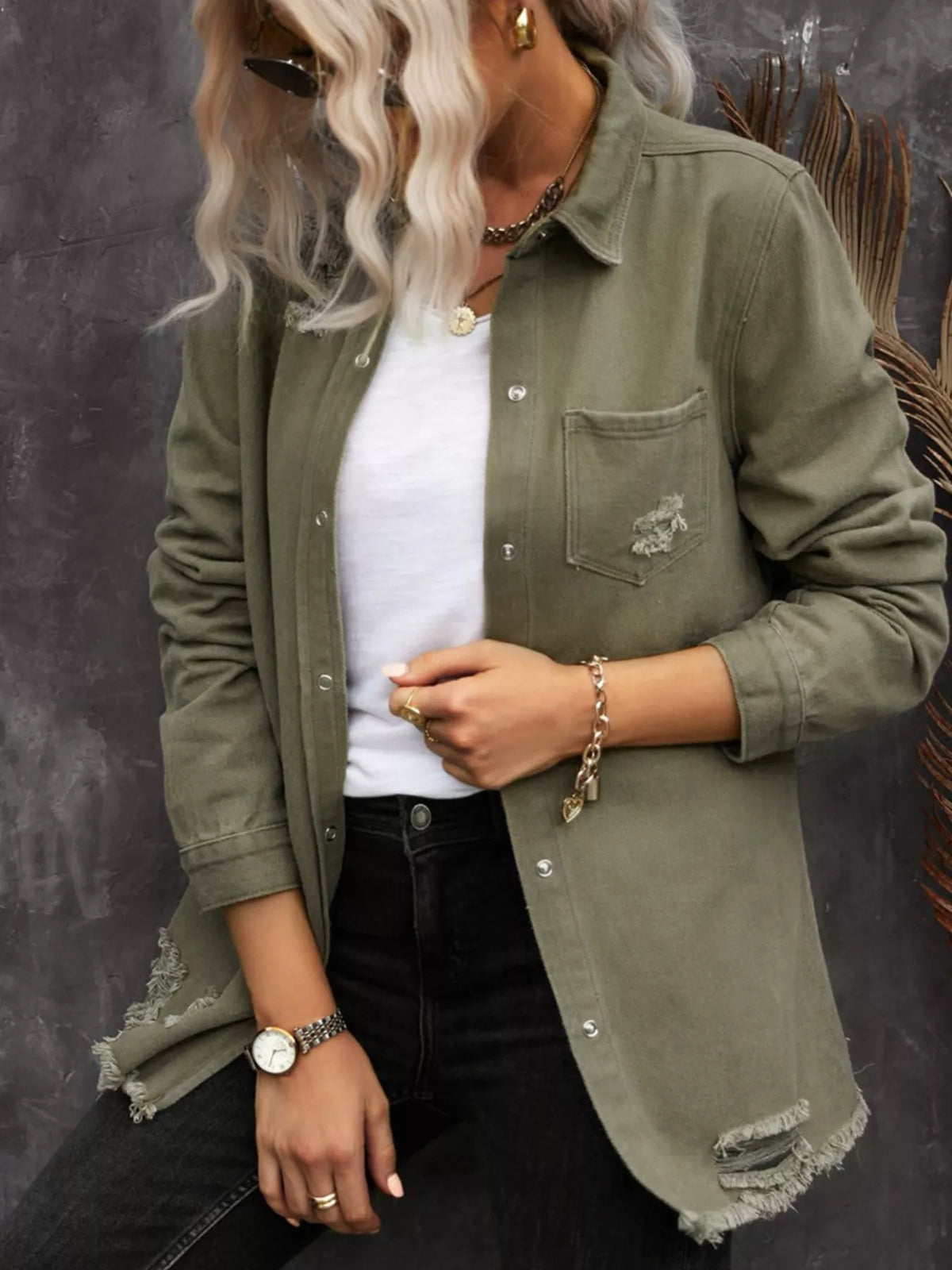 Distressed Raw Hem Denim Shirt Jacket in Army Green
