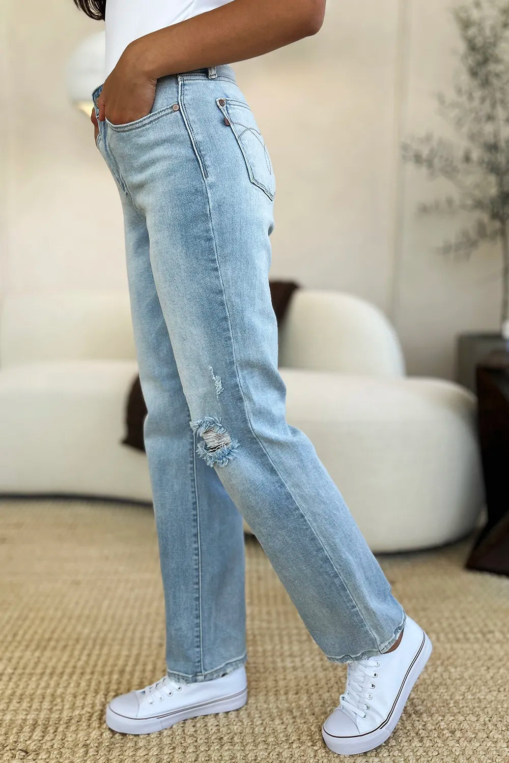 Judy Blue High Waist Distressed Straight Jeans in Light