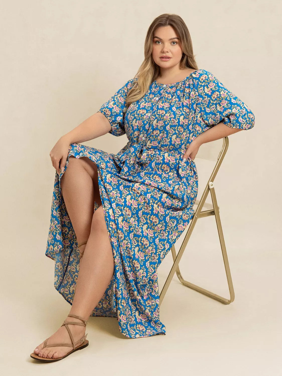Plus Size Floral Maxi Dress with Side Slit in Blue