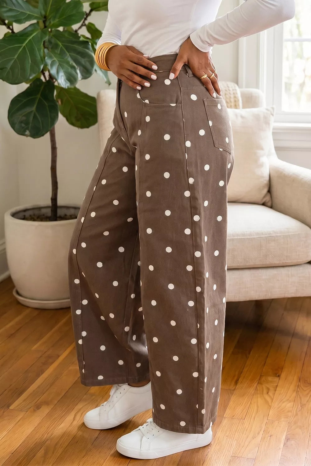 Polka Dot Print Barrel Jeans in Dark Brown