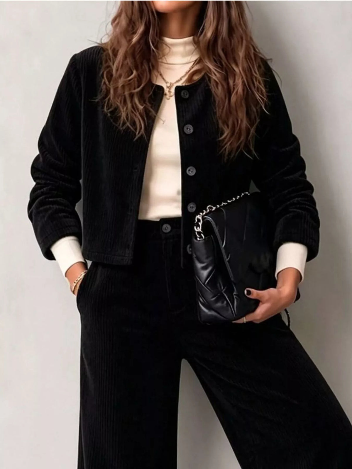 Corduroy Button-Down Jacket and Wide-Leg Pants Set