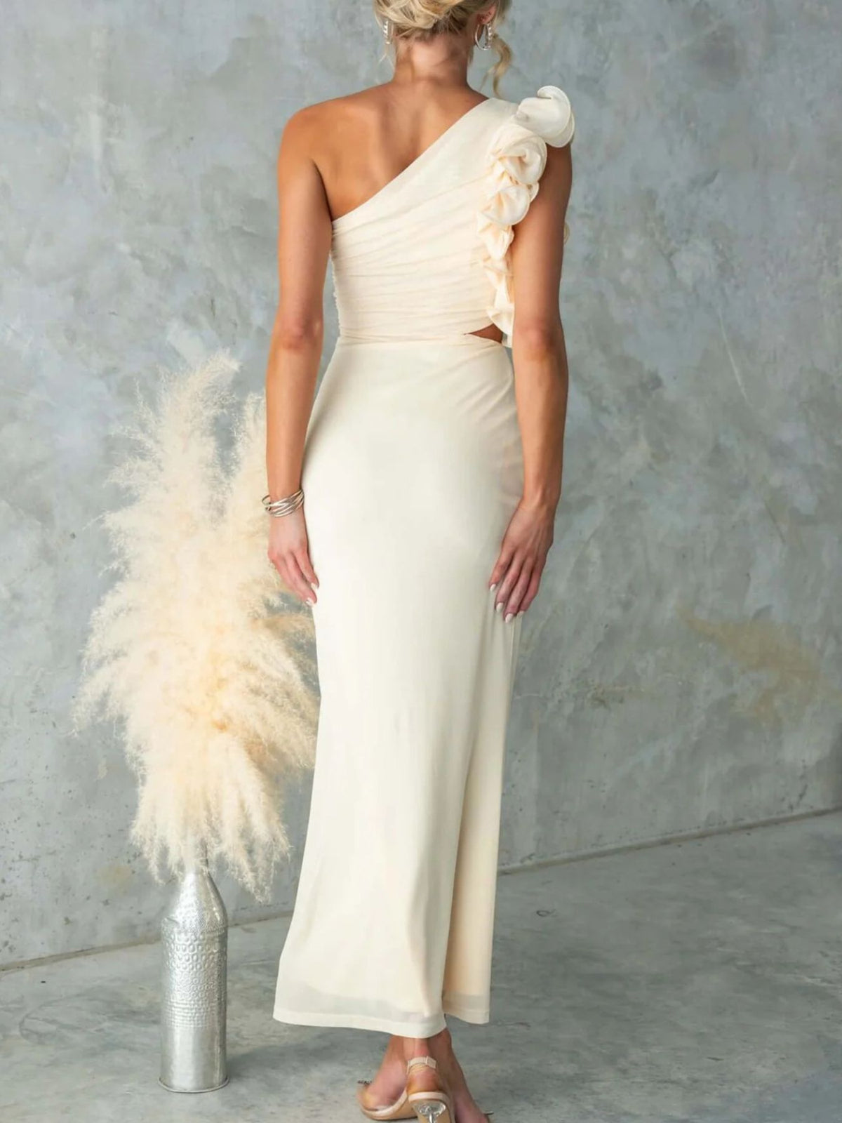 One-Shoulder Floral Trim Maxi Dress