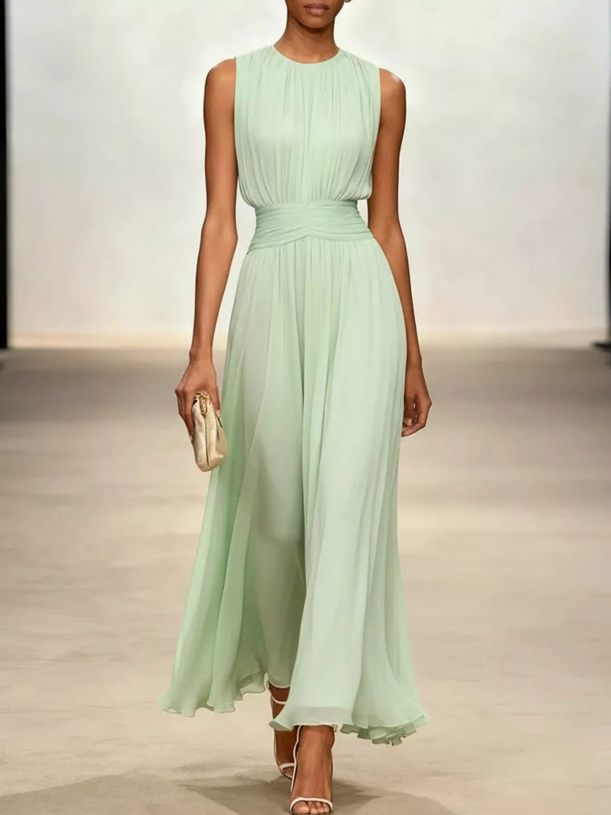 Sleeveless Ruched Chiffon Maxi Dress