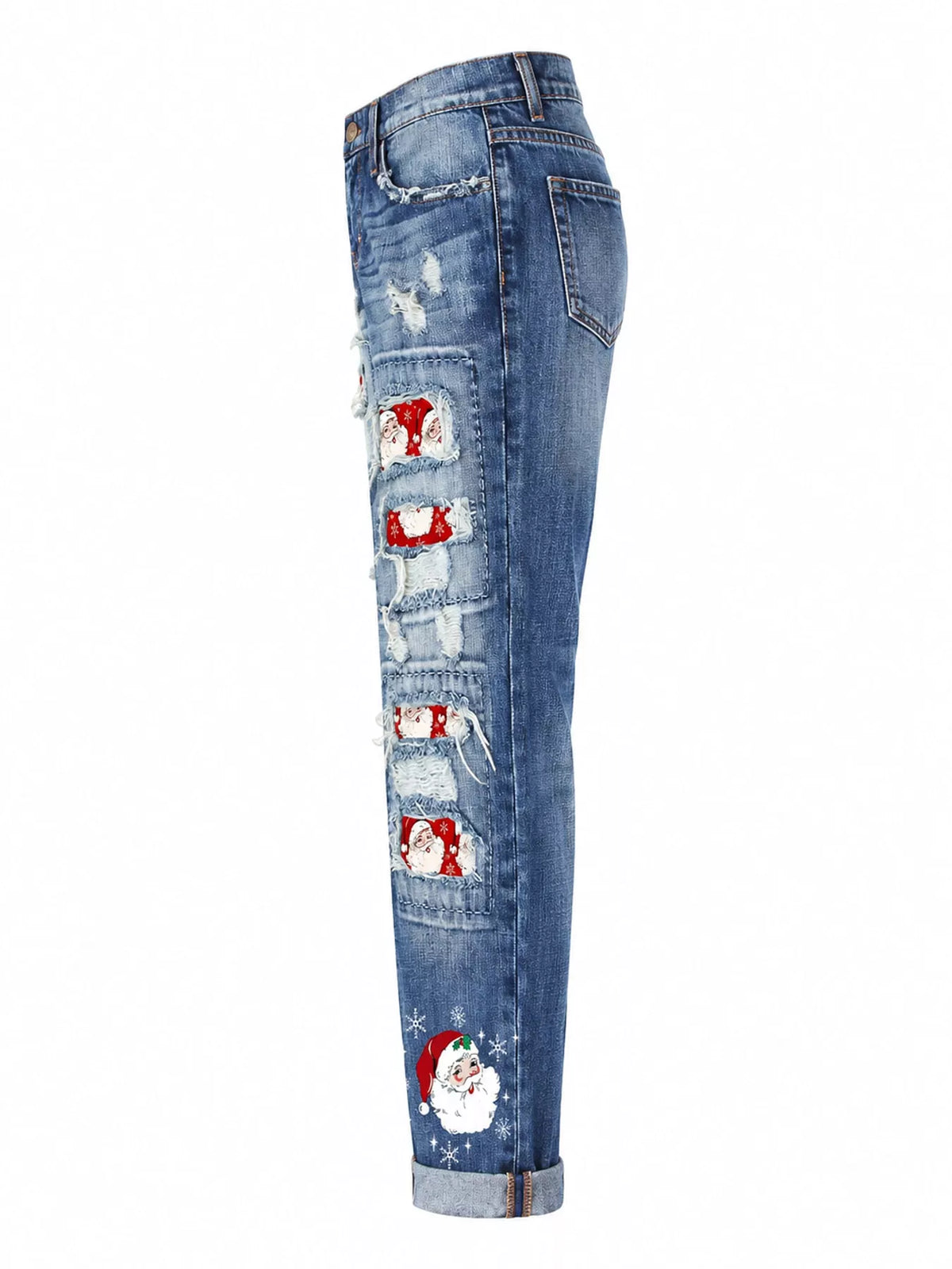 Distressed Santa Claus Print Jeans in Blue