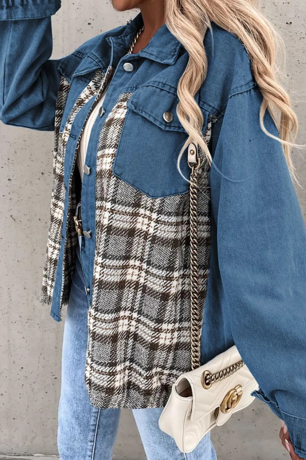 Plaid Button-Up Denim Jacket