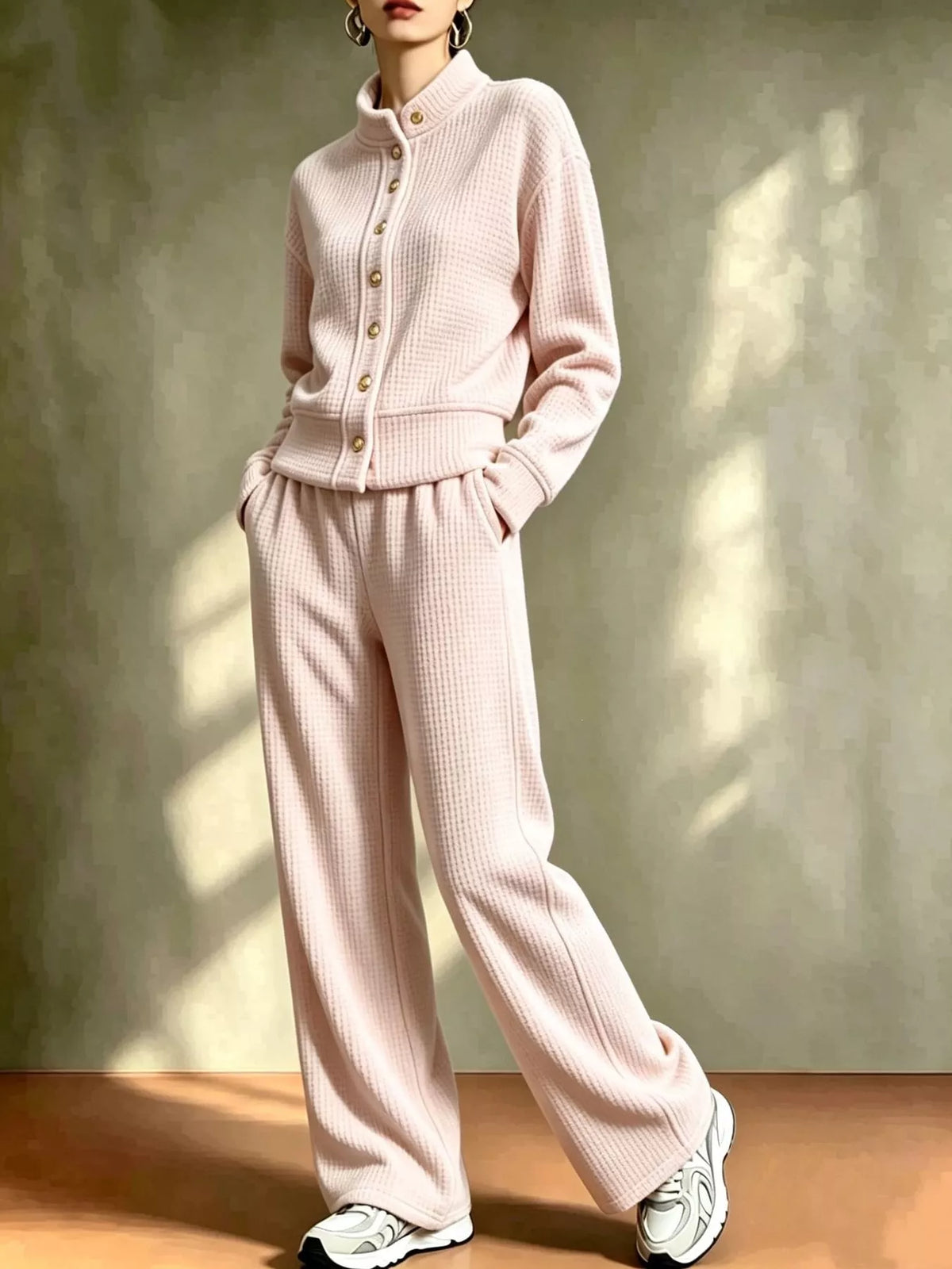 Waffle Knit Button-Up and Wide-Leg Pants Set