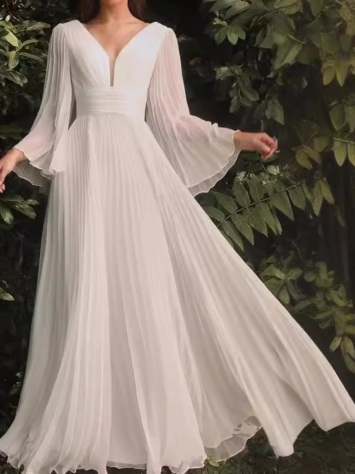 Sheer Pleated V-Neck Maxi Dress