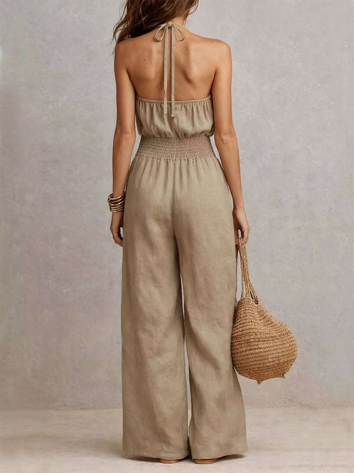 Halter Neck Wide-Leg Jumpsuit in Khaki