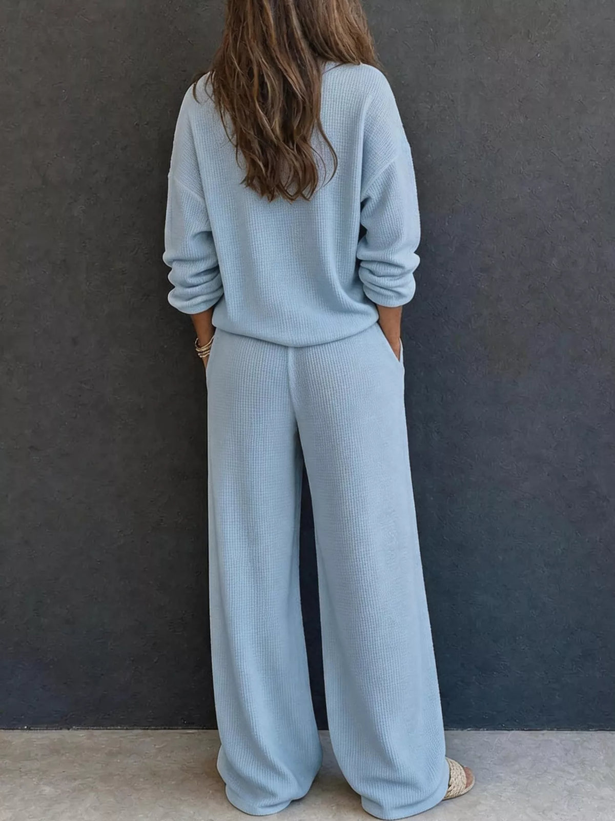 Waffle Knit Button Detail Top and Pants Set