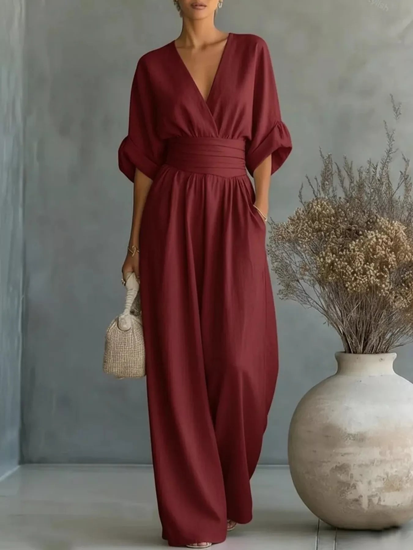 Half Sleeve Wide Leg Jumpsuit