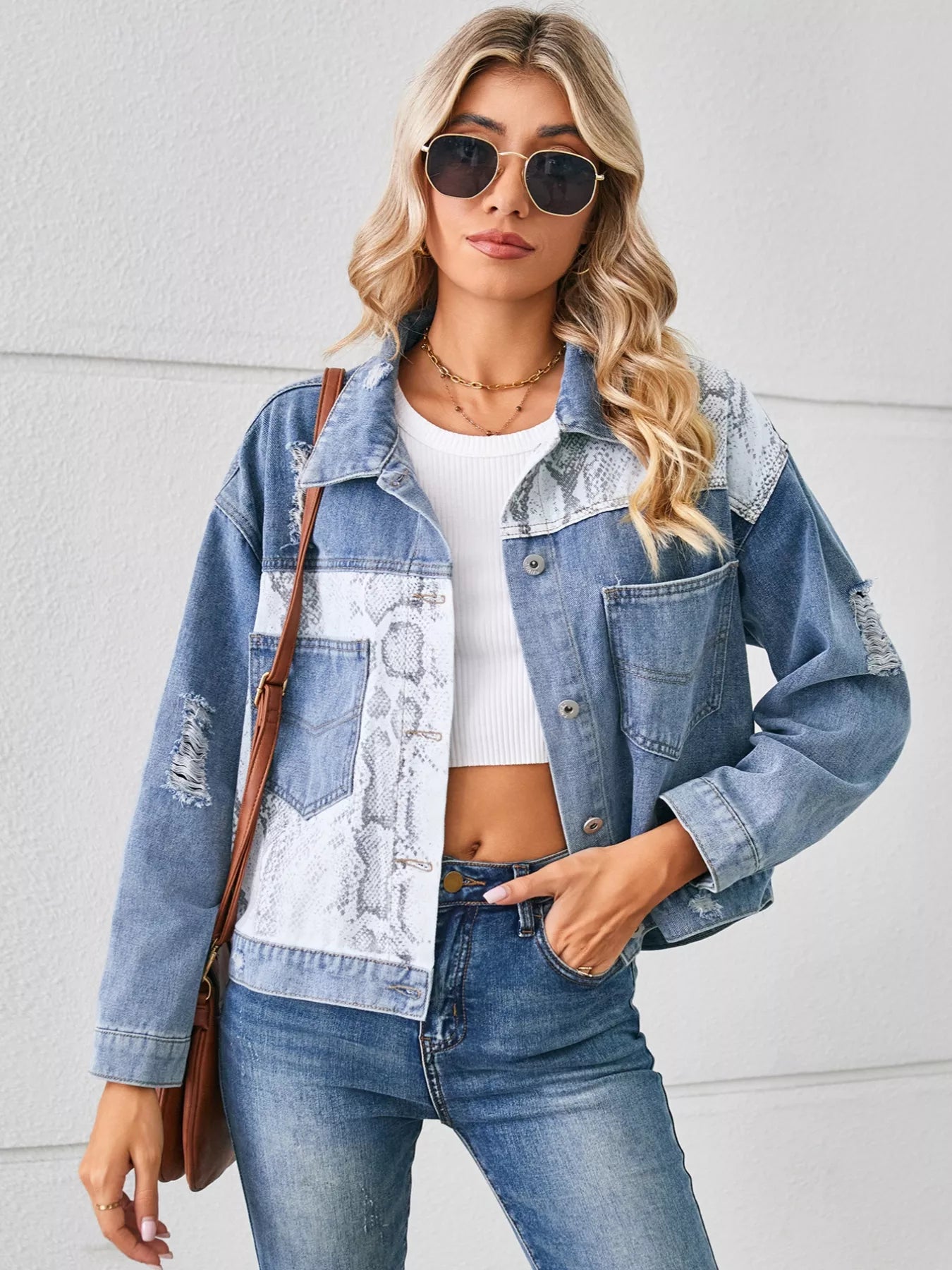 Snake Print Button-Up Denim Jacket by Moni Wear