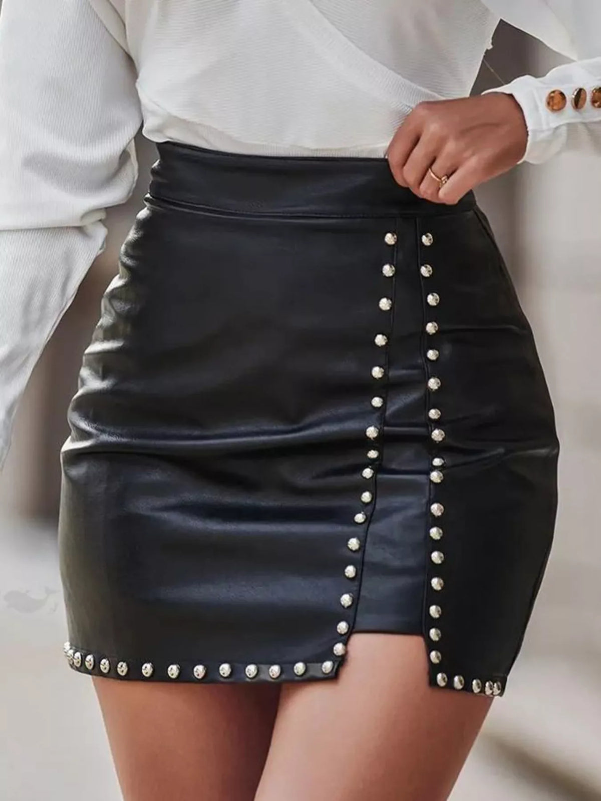 High-Waisted Studded Mini Skirt in Black