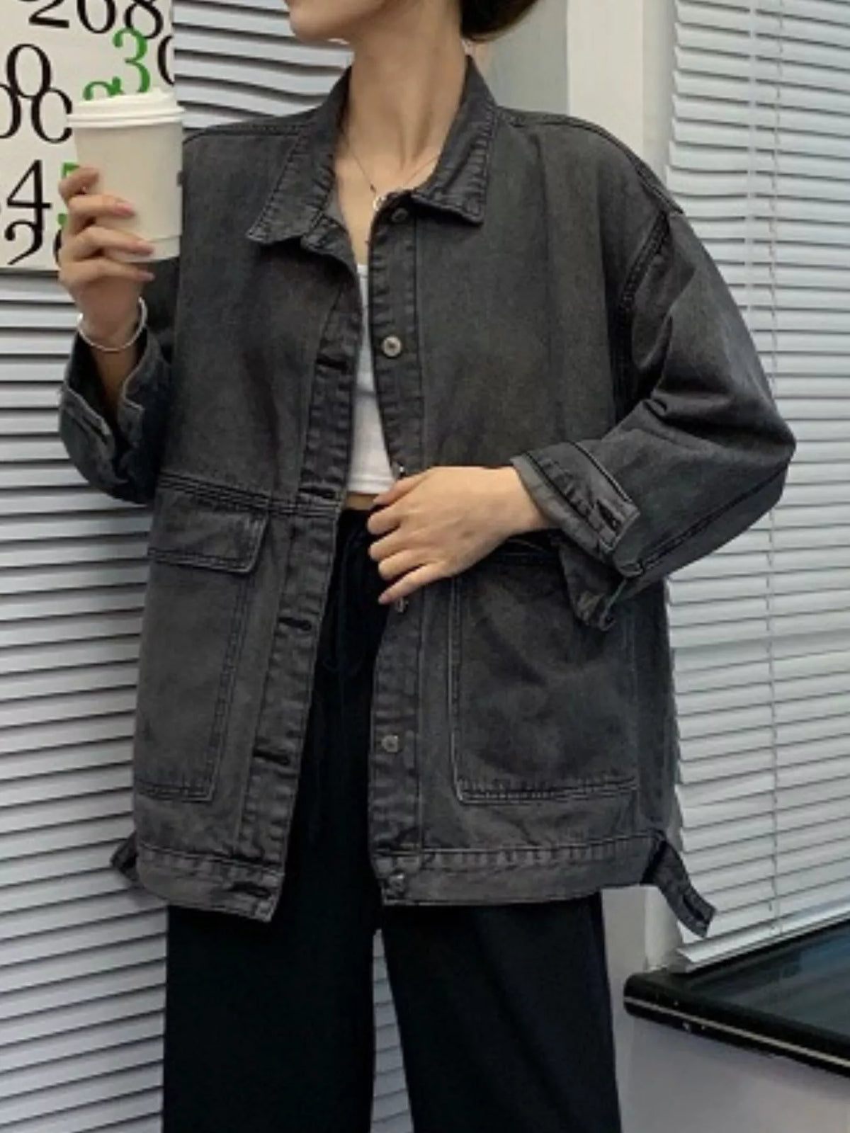 Oversized Denim Jacket with Utility Pockets