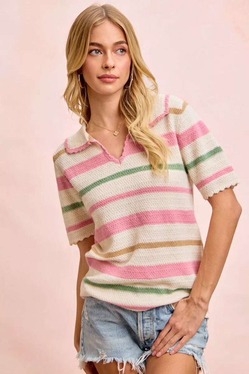 Striped Collared Knit Top in Cream/Pink by BiBi