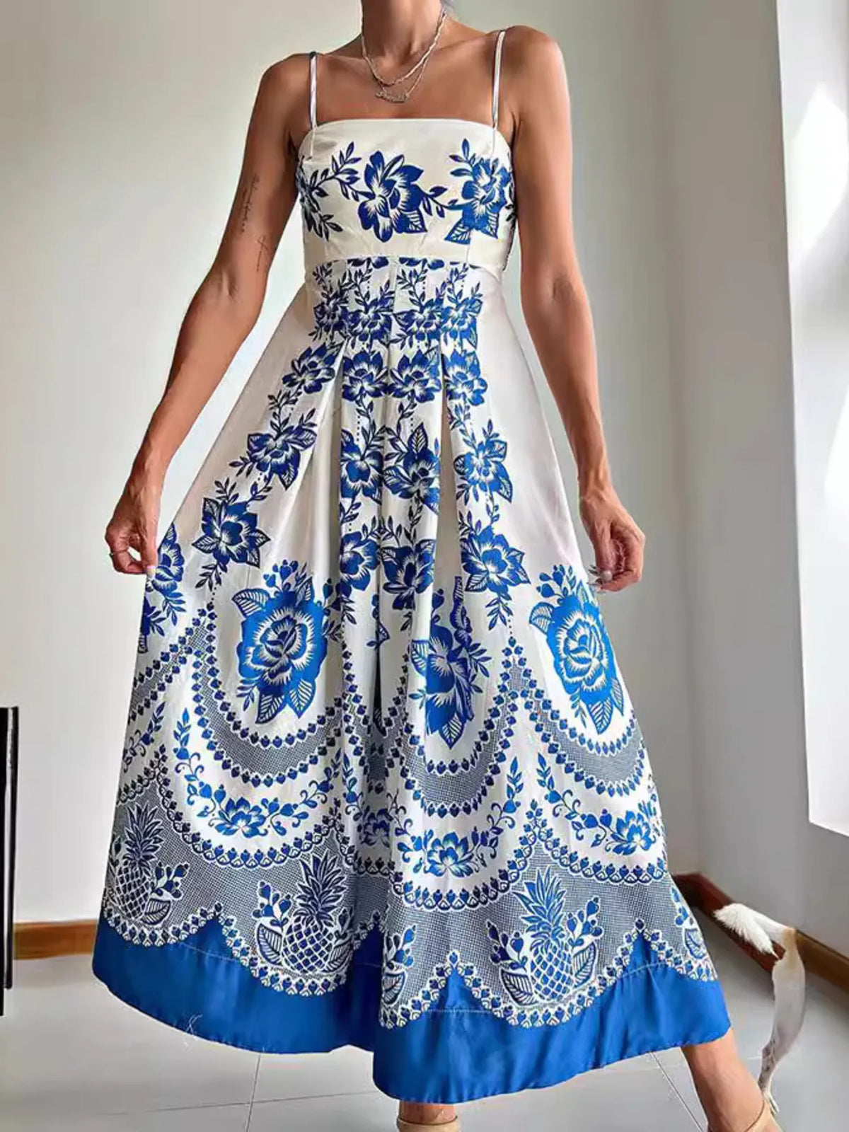 Printed Spaghetti Strap Maxi Dress in Blue