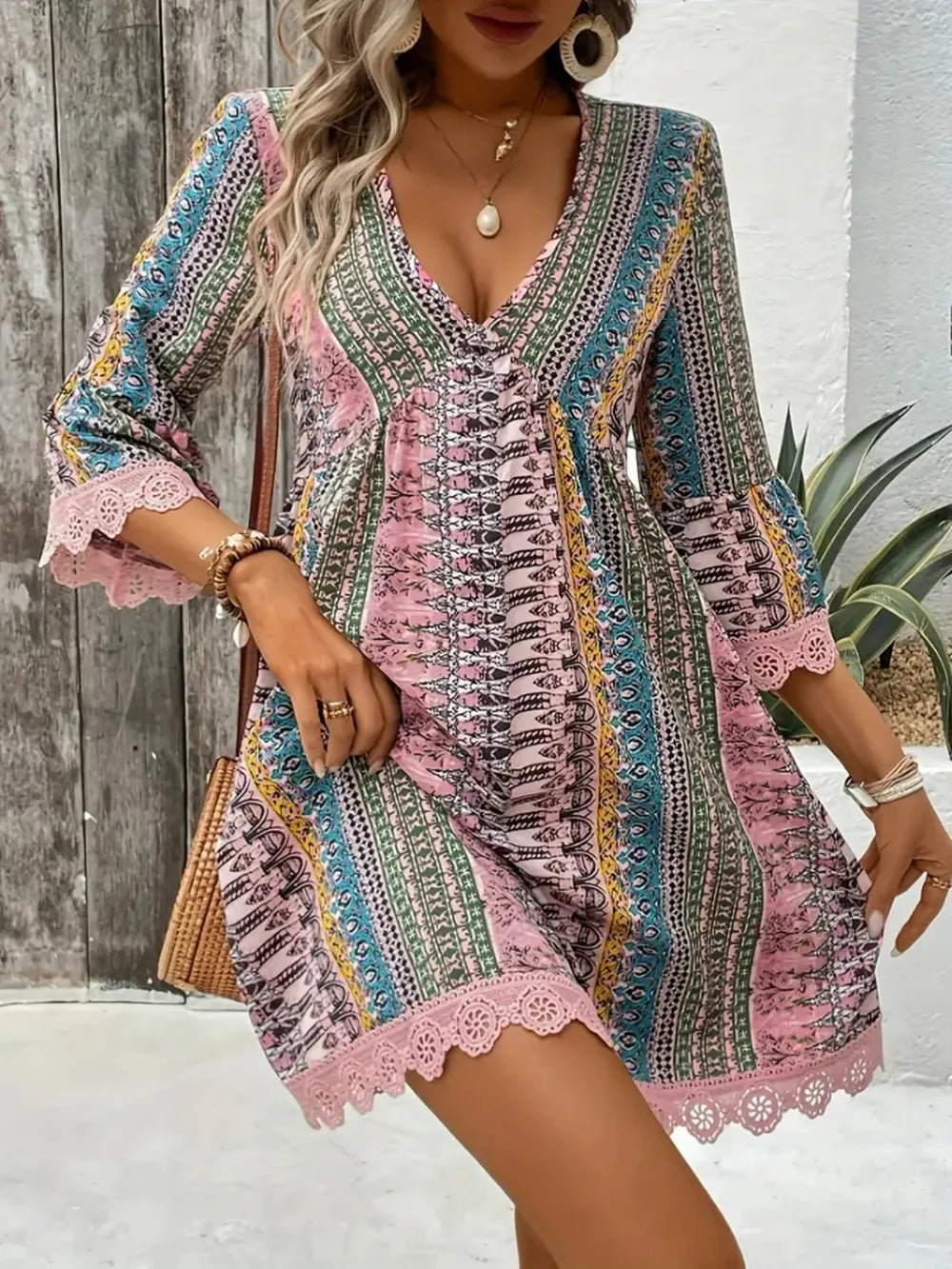Lace-Trim Printed V-Neck Dress