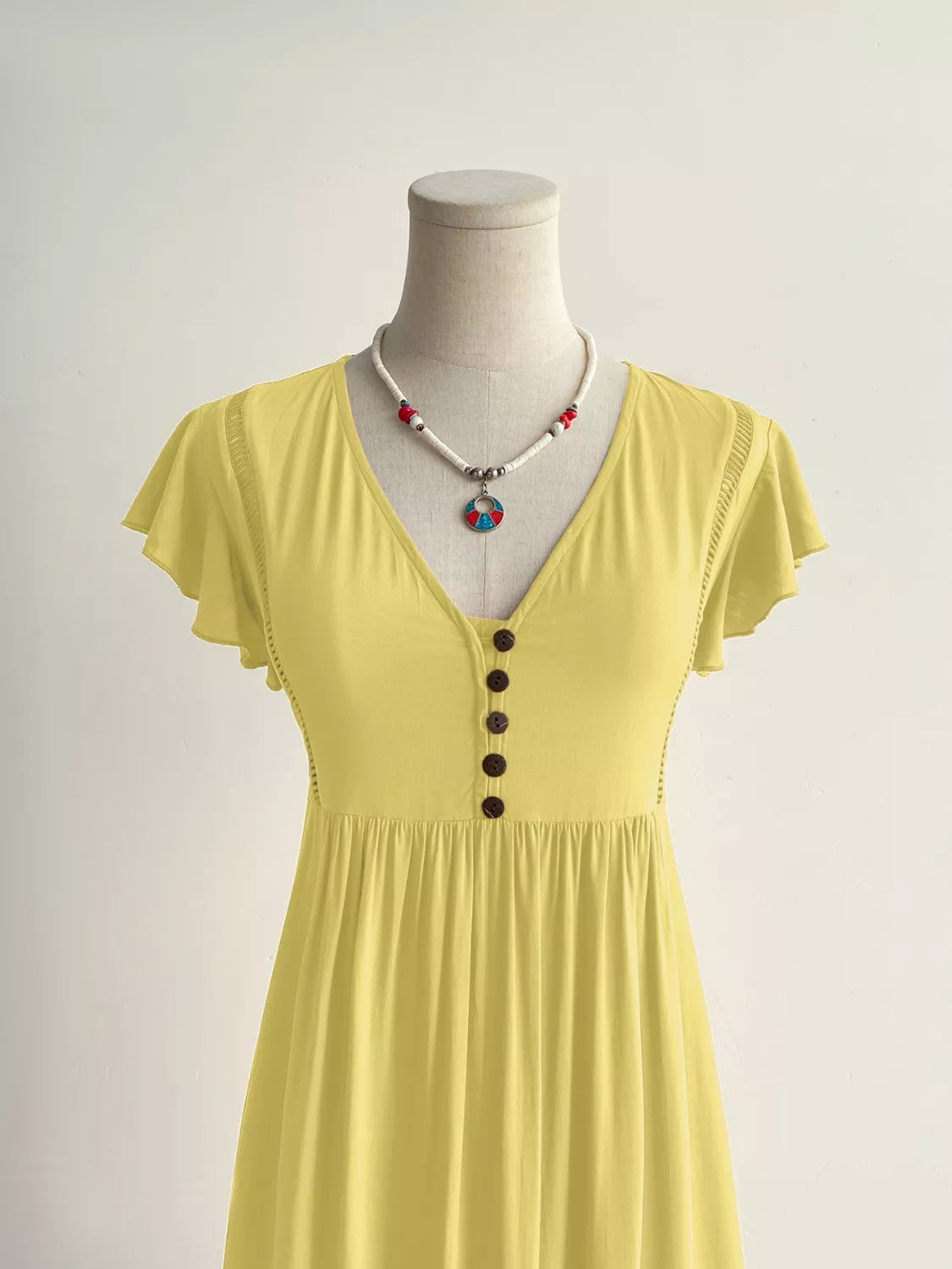 Flutter Sleeve Button-Front Maxi Dress in Yellow