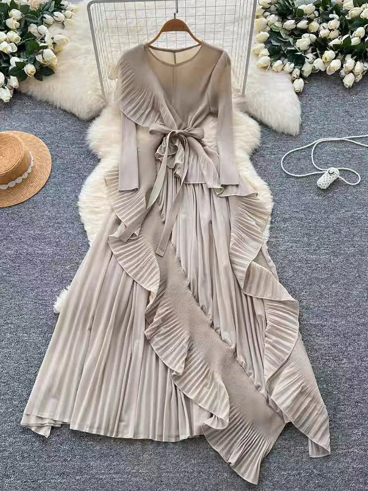 Ruffle-Trim Pleated Midi Dress