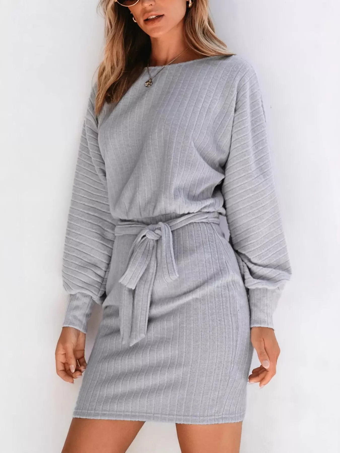 Ribbed Tie Waist Dress in Gray